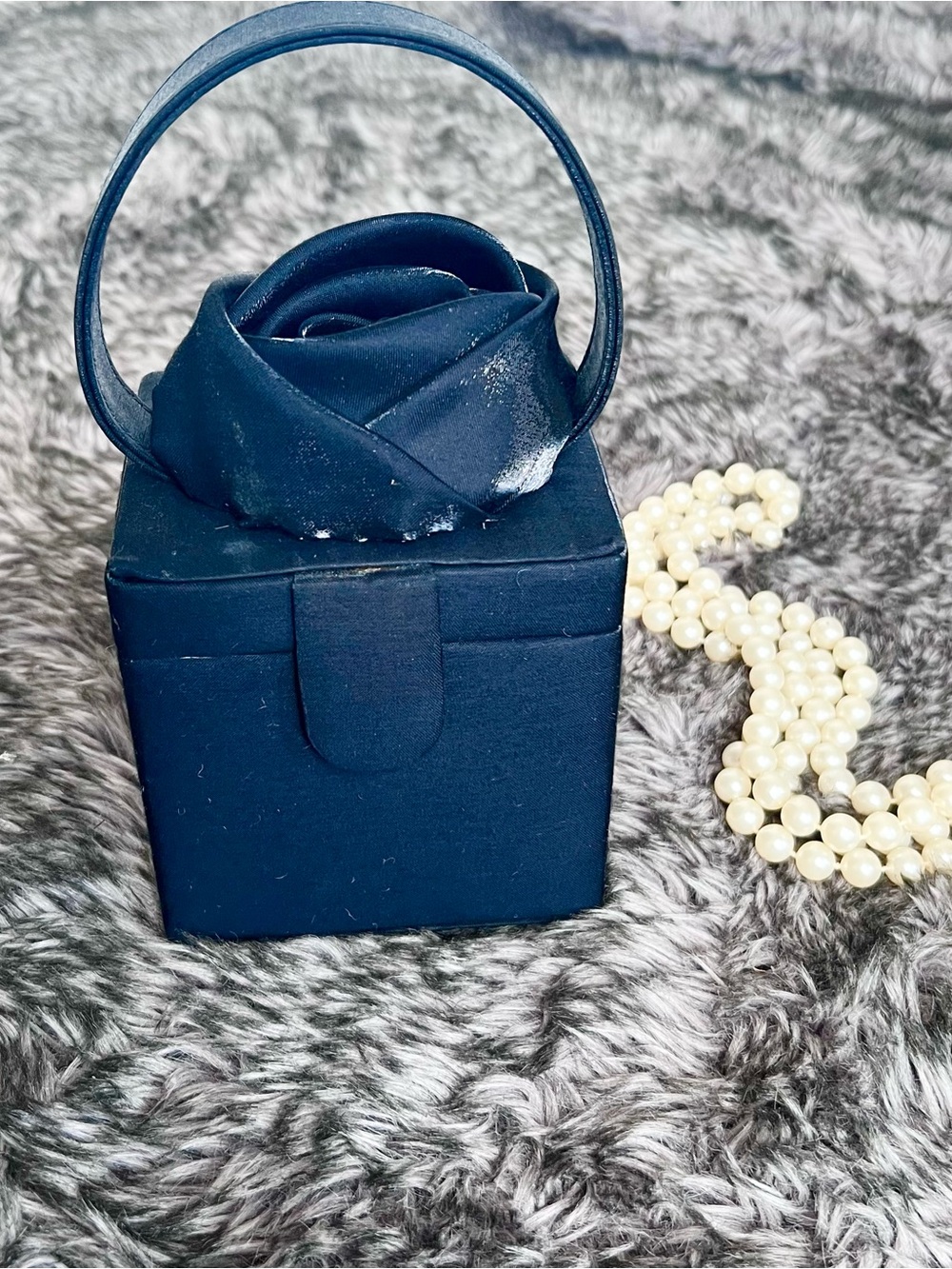 Vintage Black Satin Rosette Structured Box Purse Evening Bag Top Handle